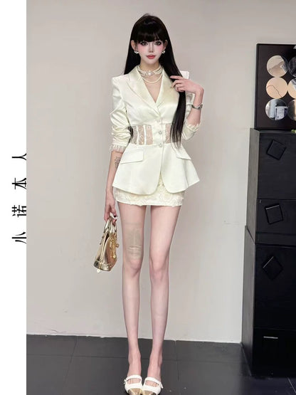 Xiao Nuo's high-end suit jacket 2025 temperament hollow lace suit high waist skirt suit 2596