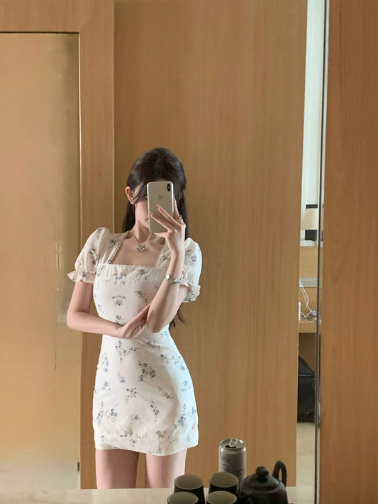 kubiliv [French Sweet Girl] Square Neck Waist Puff Short Sleeve Hip Covering Floral Skirt Short Retro Dress