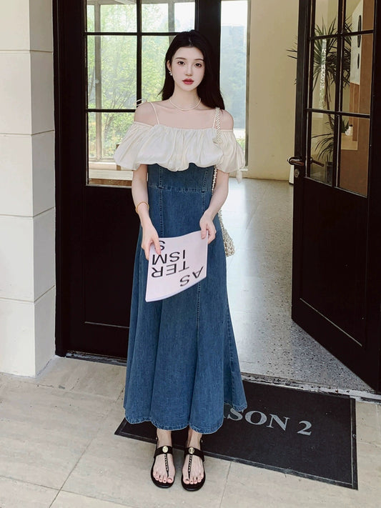 Denim splicing suspender skirt for summer women 2024 new style one-line collar loose and salty or sweet loose long A-line skirt