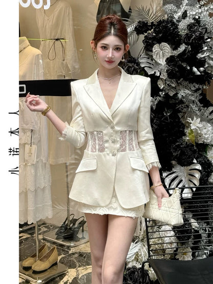 Xiao Nuo's high-end suit jacket 2025 temperament hollow lace suit high waist skirt suit 2596