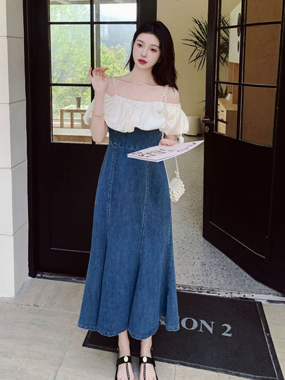 Denim splicing suspender skirt for summer women 2024 new style one-line collar loose and salty or sweet loose long A-line skirt