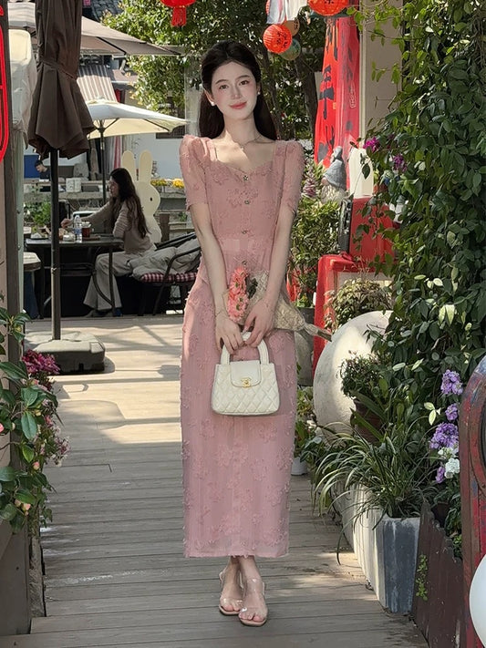 LILI Li Lijia [Pink Mist Rose] French Gentle Tassel Long Skirt 2025 Summer New Date Dress