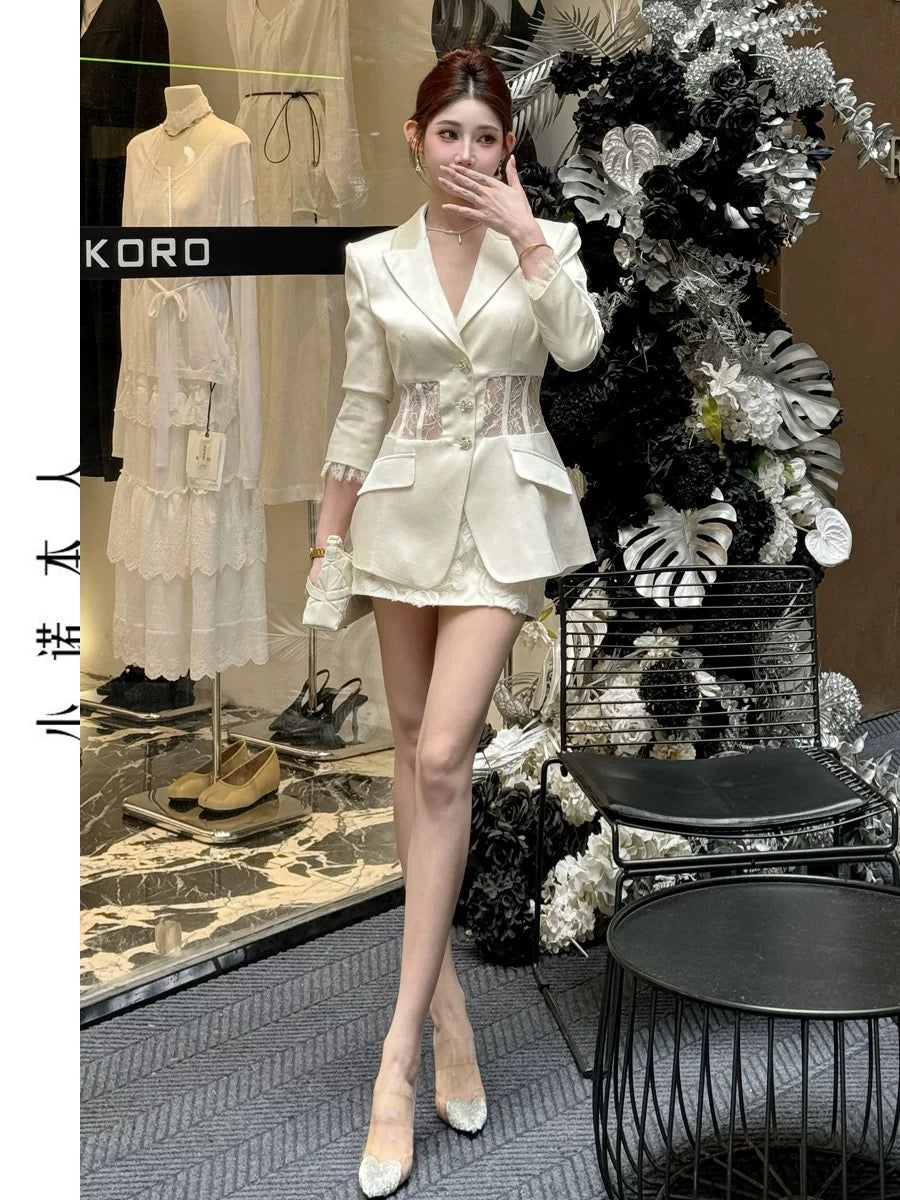 Xiao Nuo's high-end suit jacket 2025 temperament hollow lace suit high waist skirt suit 2596