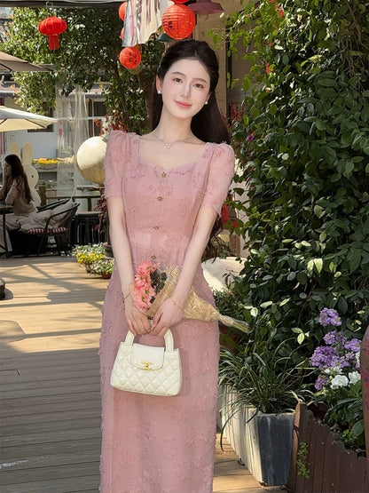 LILI Li Lijia [Pink Mist Rose] French Gentle Tassel Long Skirt 2025 Summer New Date Dress