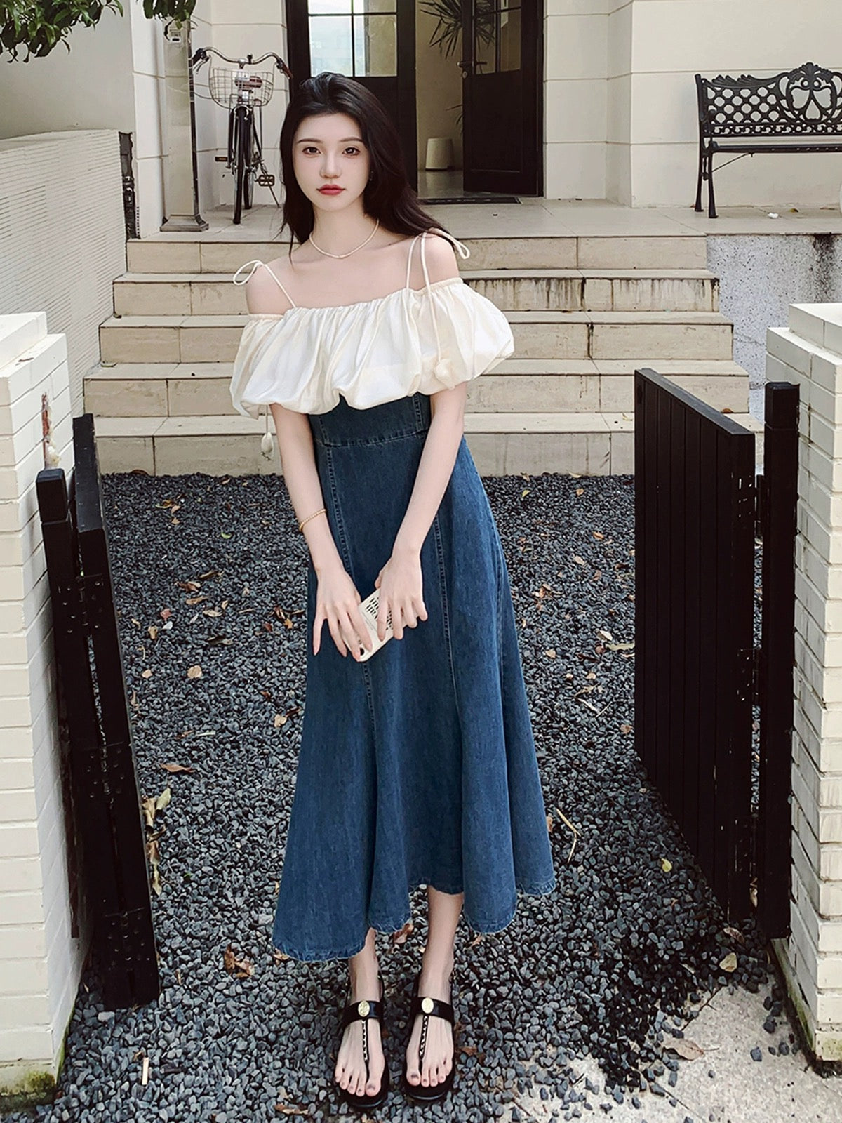 Denim splicing suspender skirt for summer women 2024 new style one-line collar loose and salty or sweet loose long A-line skirt