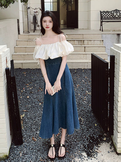 Denim splicing suspender skirt for summer women 2024 new style one-line collar loose and salty or sweet loose long A-line skirt