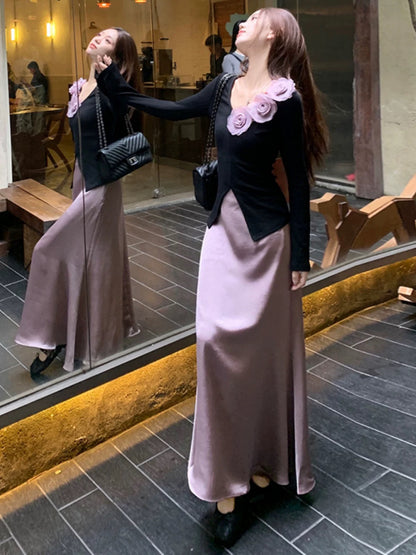 Spring women's suit light luxury high-end feminine three-dimensional flower long-sleeved top satin skirt two-piece suit