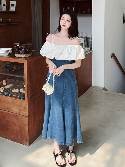 Denim splicing suspender skirt for summer women 2024 new style one-line collar loose and salty or sweet loose long A-line skirt