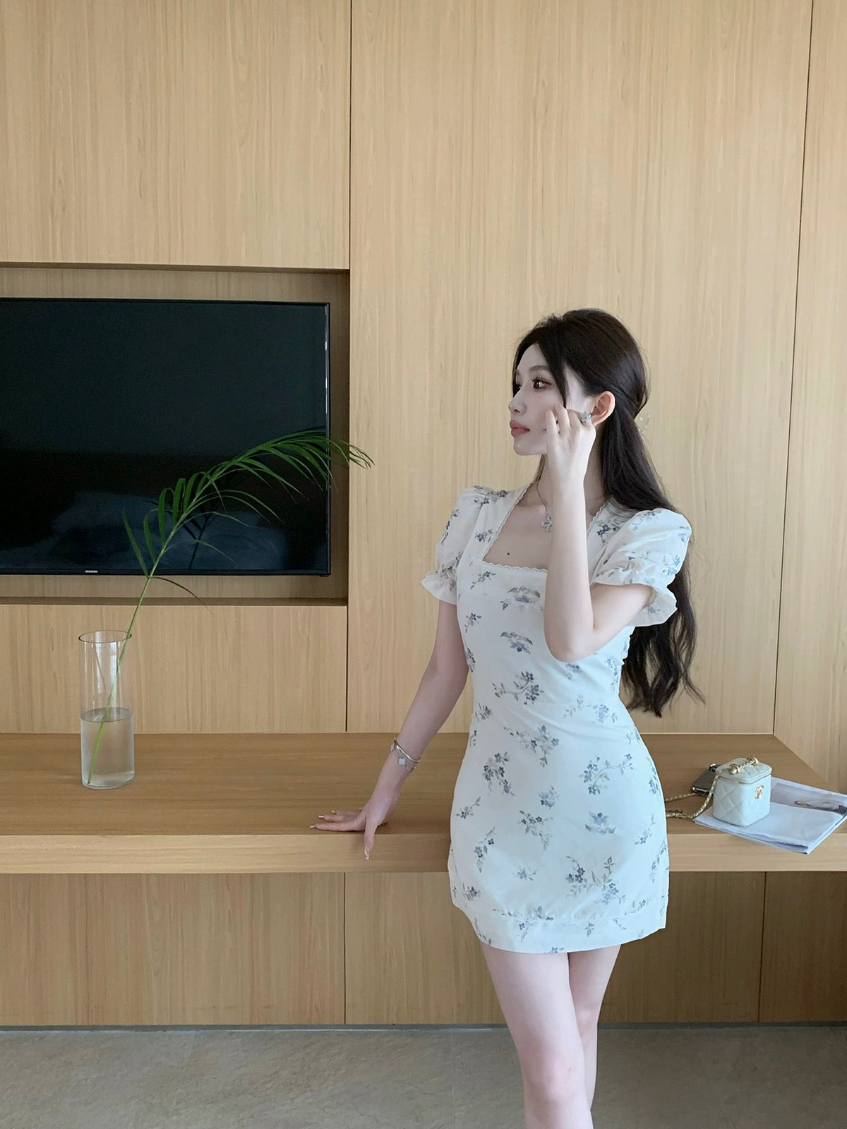 kubiliv [French Sweet Girl] Square Neck Waist Puff Short Sleeve Hip Covering Floral Skirt Short Retro Dress