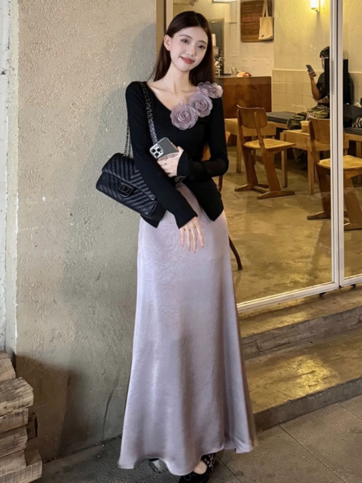 Spring women's suit light luxury high-end feminine three-dimensional flower long-sleeved top satin skirt two-piece suit