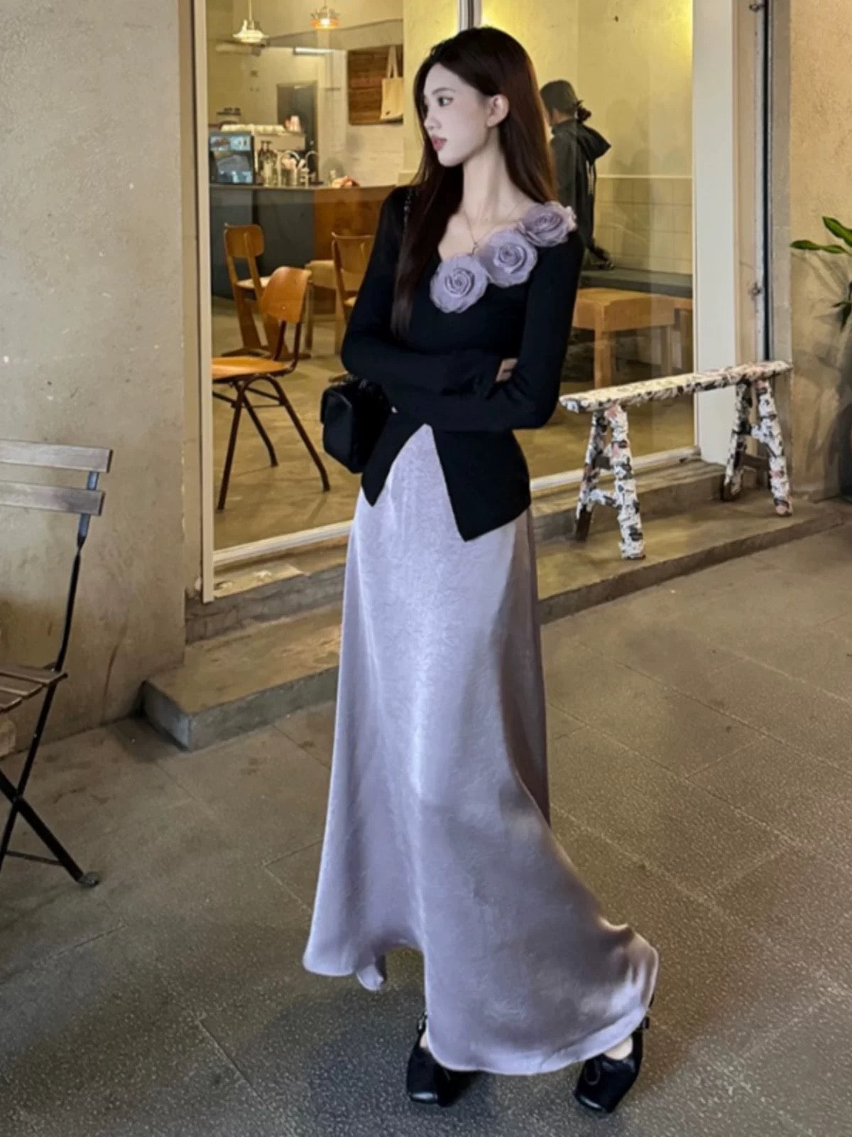 Spring women's suit light luxury high-end feminine three-dimensional flower long-sleeved top satin skirt two-piece suit