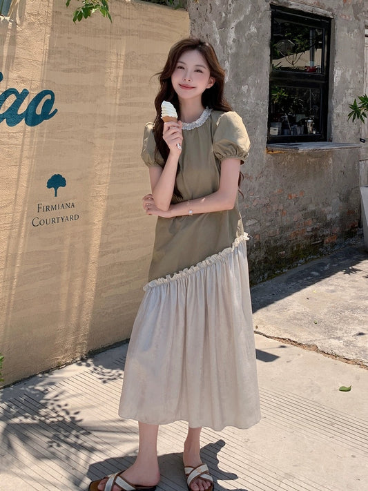 French Puff Sleeve Dress Summer Women 2024 New High-end Loose Irregular Contrast Color Splicing A-Line Long Skirt