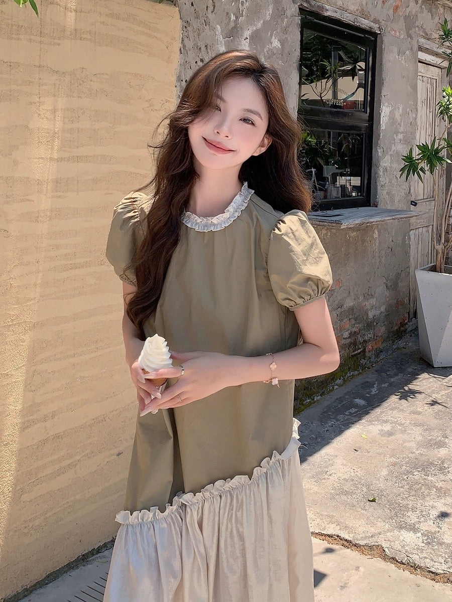 French Puff Sleeve Dress Summer Women 2024 New High-end Loose Irregular Contrast Color Splicing A-Line Long Skirt