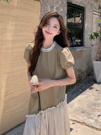 French Puff Sleeve Dress Summer Women 2024 New High-end Loose Irregular Contrast Color Splicing A-Line Long Skirt