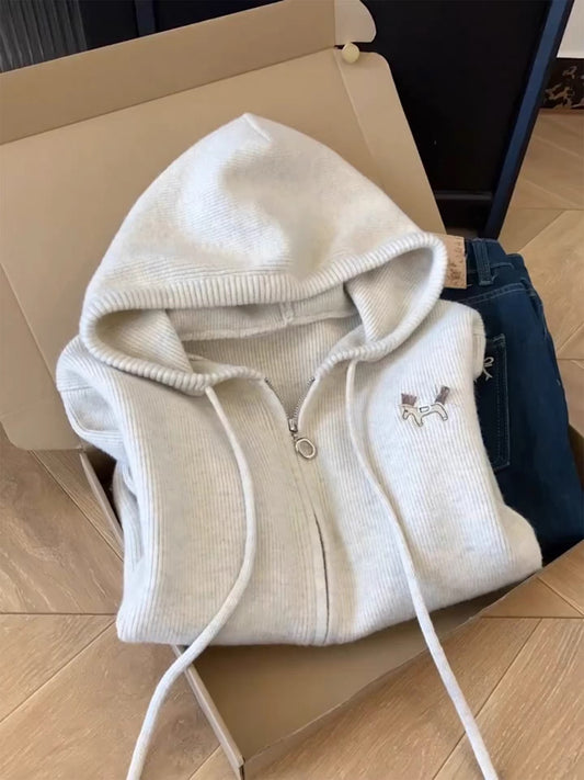 Fashion Hooded Cardigan Sweater Women Autumn 2025 New Korean Lazy Style Knitted Sweater Top Zipper Jacket