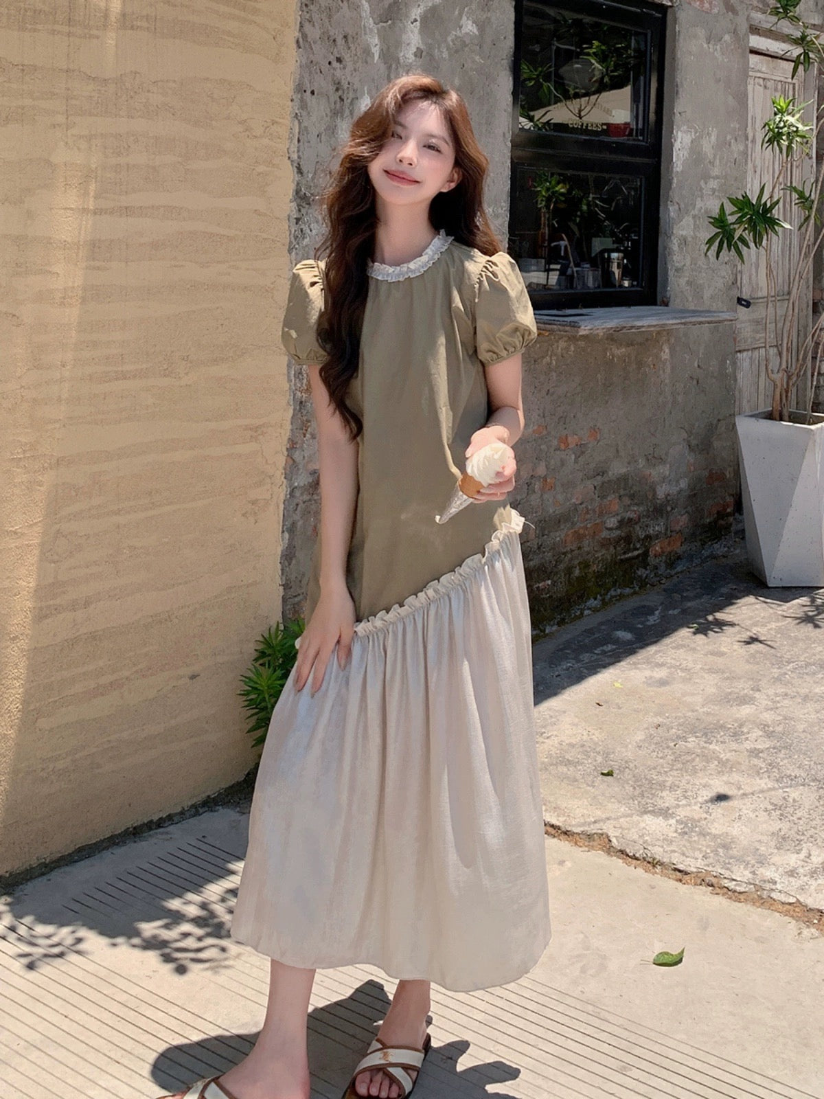French Puff Sleeve Dress Summer Women 2024 New High-end Loose Irregular Contrast Color Splicing A-Line Long Skirt