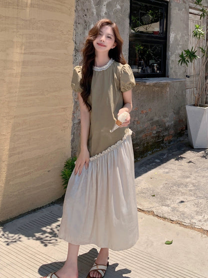 French Puff Sleeve Dress Summer Women 2024 New High-end Loose Irregular Contrast Color Splicing A-Line Long Skirt