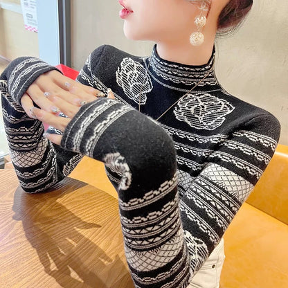 Western-style sweaters for women in autumn and winter 2024 new winter long-sleeved slim tops half-turtle collar bottoming shirts for women