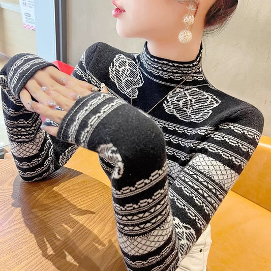 Western-style sweaters for women in autumn and winter 2024 new winter long-sleeved slim tops half-turtle collar bottoming shirts for women