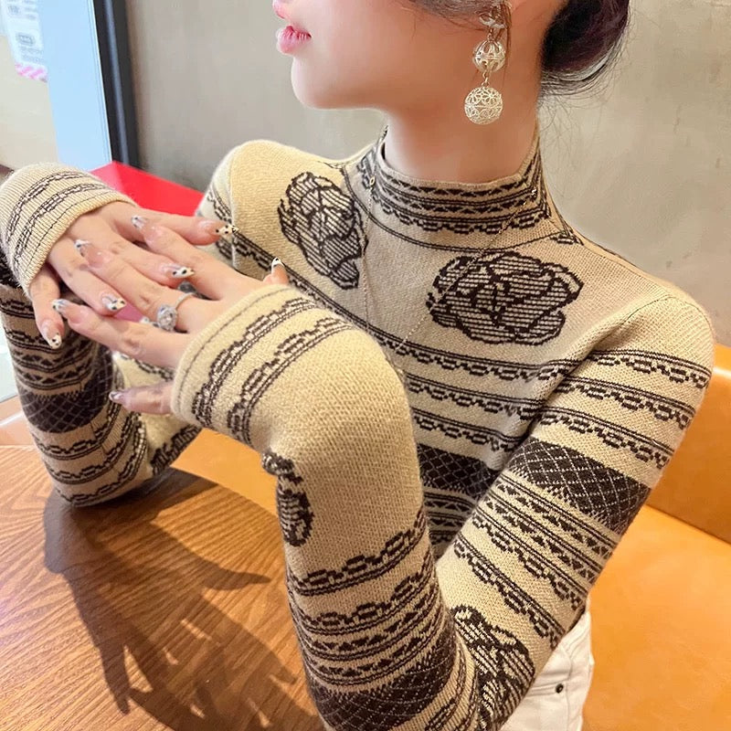 Western-style sweaters for women in autumn and winter 2024 new winter long-sleeved slim tops half-turtle collar bottoming shirts for women