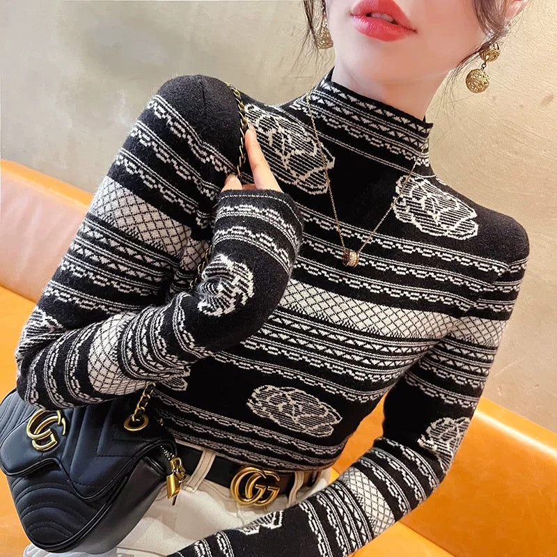 Western-style sweaters for women in autumn and winter 2024 new winter long-sleeved slim tops half-turtle collar bottoming shirts for women