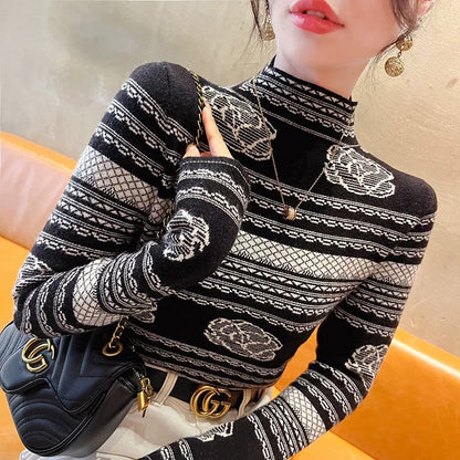 Western-style sweaters for women in autumn and winter 2024 new winter long-sleeved slim tops half-turtle collar bottoming shirts for women