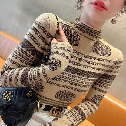 Western-style sweaters for women in autumn and winter 2024 new winter long-sleeved slim tops half-turtle collar bottoming shirts for women