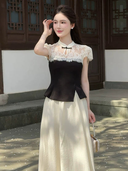 LILI Li Lijia [Dead Trees Come Back to Spring] New Chinese Style Suit 2025 Summer New Lace Top and Skirt Two-piece Suit