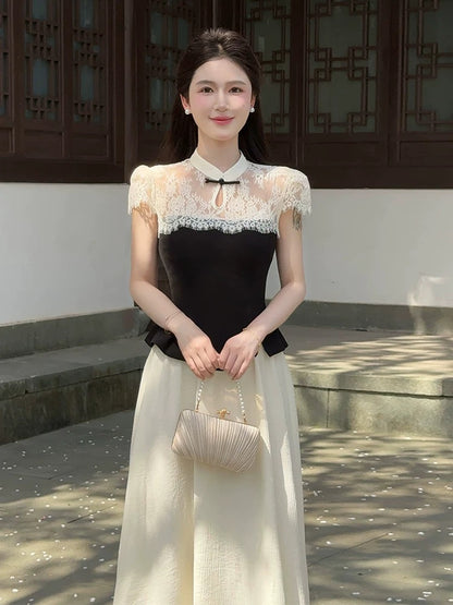 LILI Li Lijia [Dead Trees Come Back to Spring] New Chinese Style Suit 2025 Summer New Lace Top and Skirt Two-piece Suit