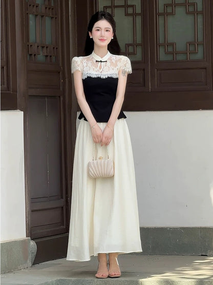LILI Li Lijia [Dead Trees Come Back to Spring] New Chinese Style Suit 2025 Summer New Lace Top and Skirt Two-piece Suit