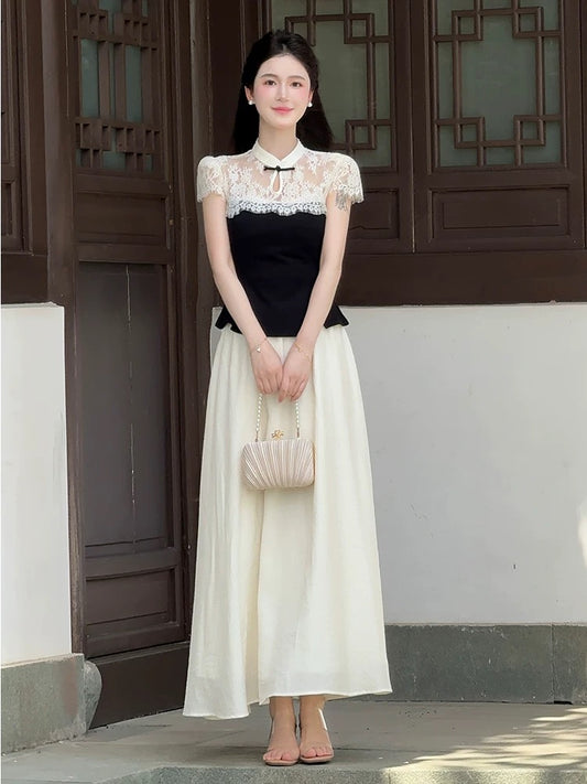LILI Li Lijia [Dead Trees Come Back to Spring] New Chinese Style Suit 2025 Summer New Lace Top and Skirt Two-piece Suit