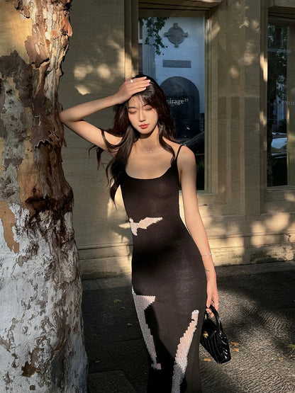 Norain does not rain black mermaid hollow color matching backless knitted suspender skirt female summer sexy slim long skirt