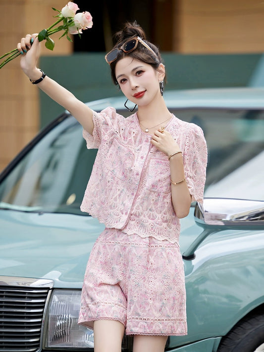 Pink lace small fragrance suit 2024 new hot style high-end summer two-piece shorts set for small women