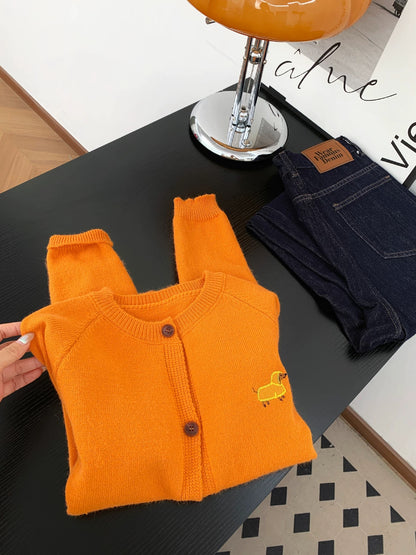 Super whitening pumpkin orange puppy embroidered knitted cardigan for women autumn and winter gentle style all-match casual round neck jacket top