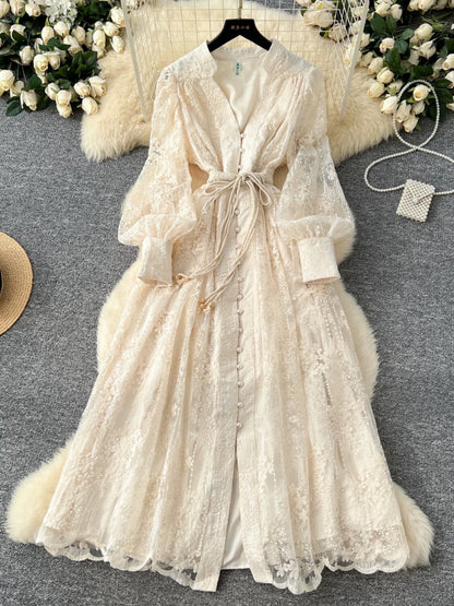 French high-end women's dress 2025 spring waist heavy embroidery V-neck lantern sleeves single-breasted long skirt