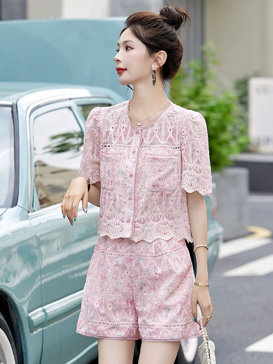 Pink lace small fragrance suit 2024 new hot style high-end summer two-piece shorts set for small women