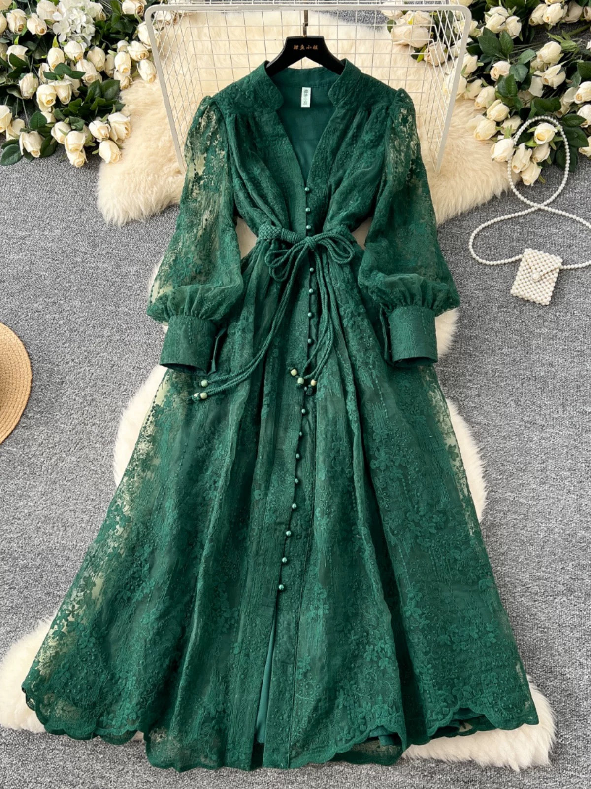 French high-end women's dress 2025 spring waist heavy embroidery V-neck lantern sleeves single-breasted long skirt