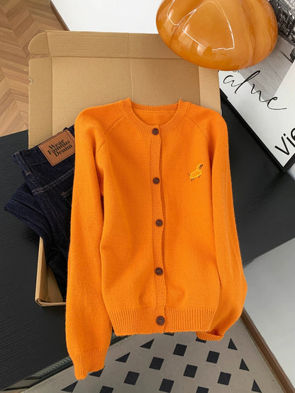 Super whitening pumpkin orange puppy embroidered knitted cardigan for women autumn and winter gentle style all-match casual round neck jacket top