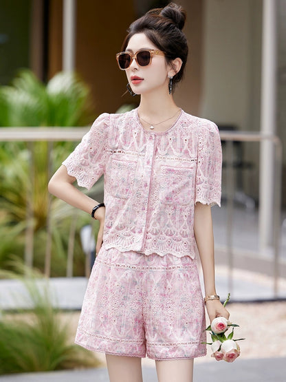 Pink lace small fragrance suit 2024 new hot style high-end summer two-piece shorts set for small women