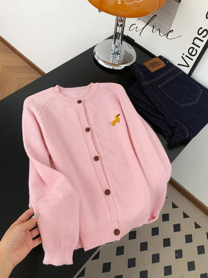 Super whitening pumpkin orange puppy embroidered knitted cardigan for women autumn and winter gentle style all-match casual round neck jacket top