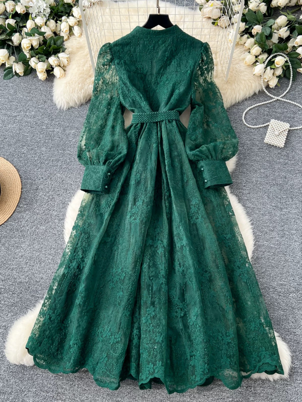 French high-end women's dress 2025 spring waist heavy embroidery V-neck lantern sleeves single-breasted long skirt