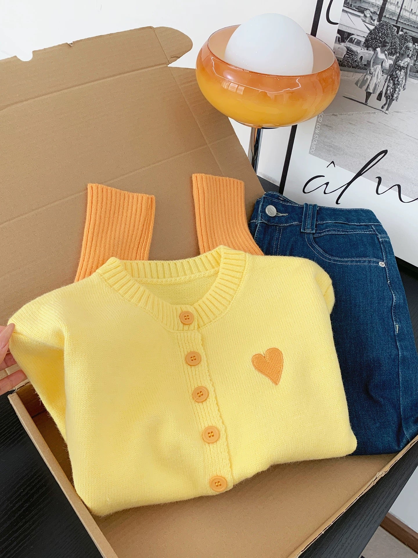 Dopamine yellow heart embroidered sweater knitted cardigan women's autumn and winter warm soft sticky contrast color stitching jacket top