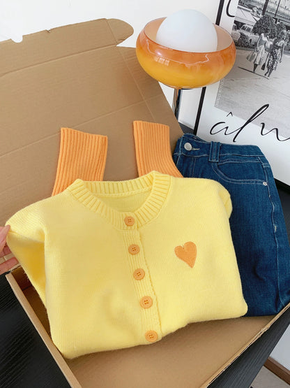 Dopamine yellow heart embroidered sweater knitted cardigan women's autumn and winter warm soft sticky contrast color stitching jacket top