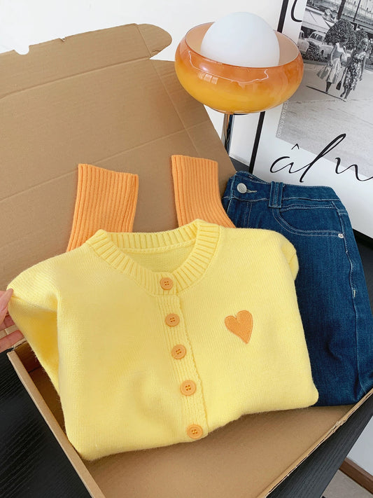 Dopamine yellow heart embroidered sweater knitted cardigan women's autumn and winter warm soft sticky contrast color stitching jacket top