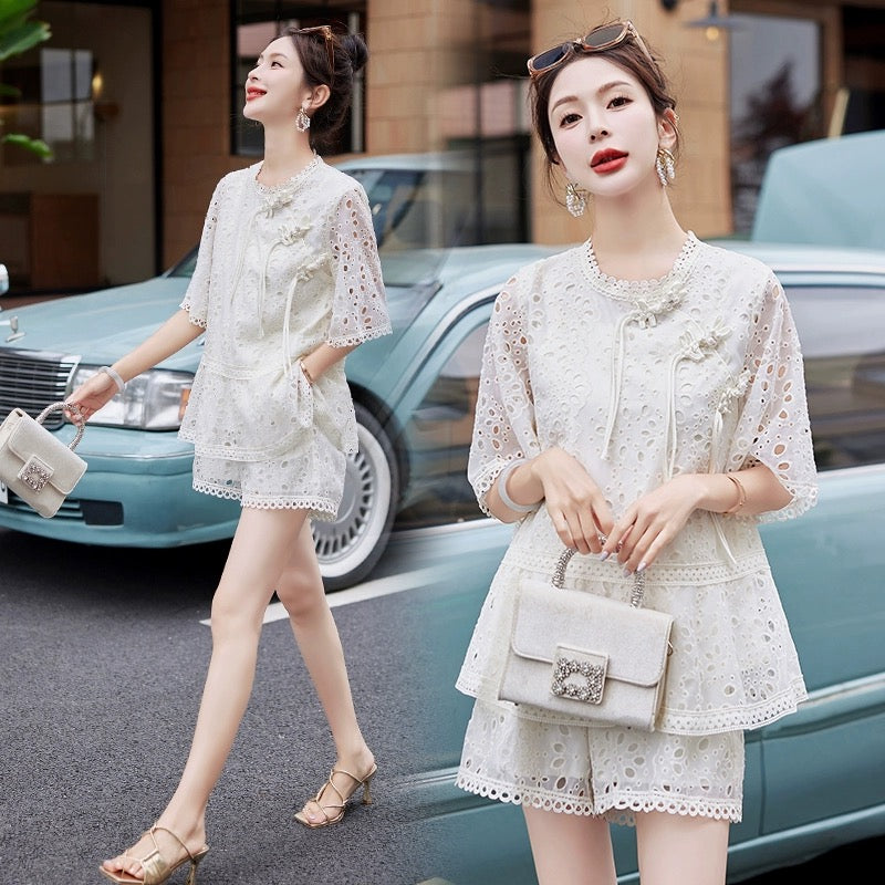 2024 summer new fashion retro embroidered disc buckle lace shorts suit slim new Chinese two-piece set