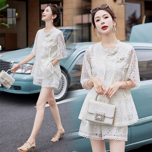 2024 summer new fashion retro embroidered disc buckle lace shorts suit slim new Chinese two-piece set