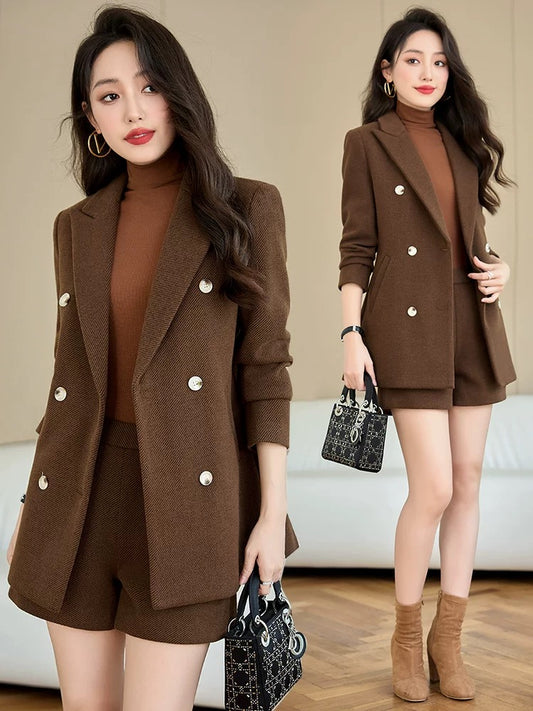 Brown blazer women's fashionable age-reducing wear complete set of shorts suit autumn and winter new professional suit top