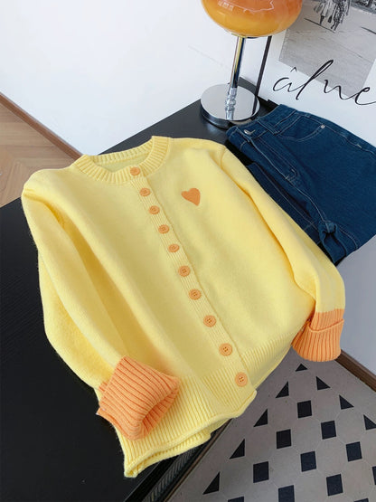 Dopamine yellow heart embroidered sweater knitted cardigan women's autumn and winter warm soft sticky contrast color stitching jacket top