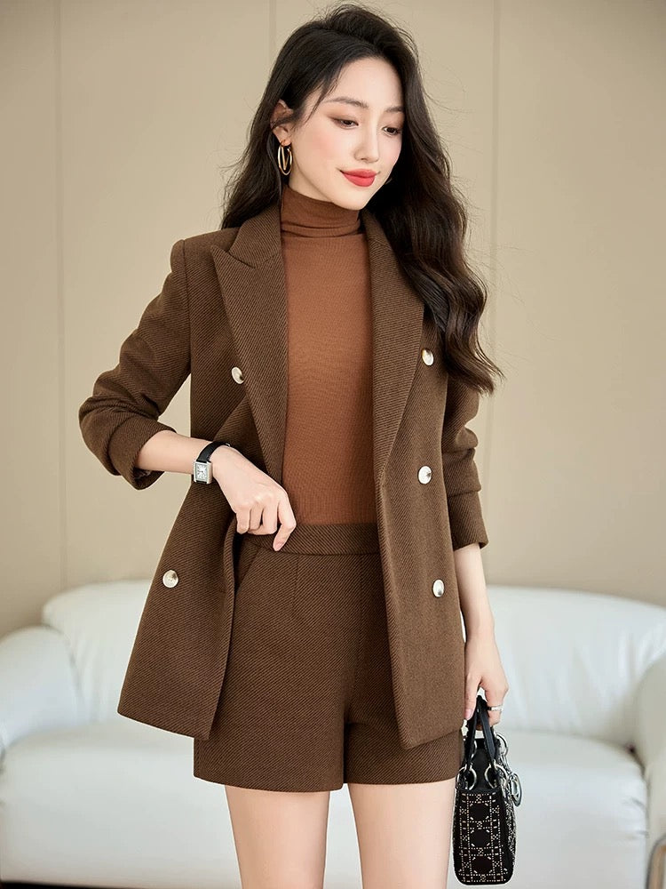 Brown blazer women's fashionable age-reducing wear complete set of shorts suit autumn and winter new professional suit top