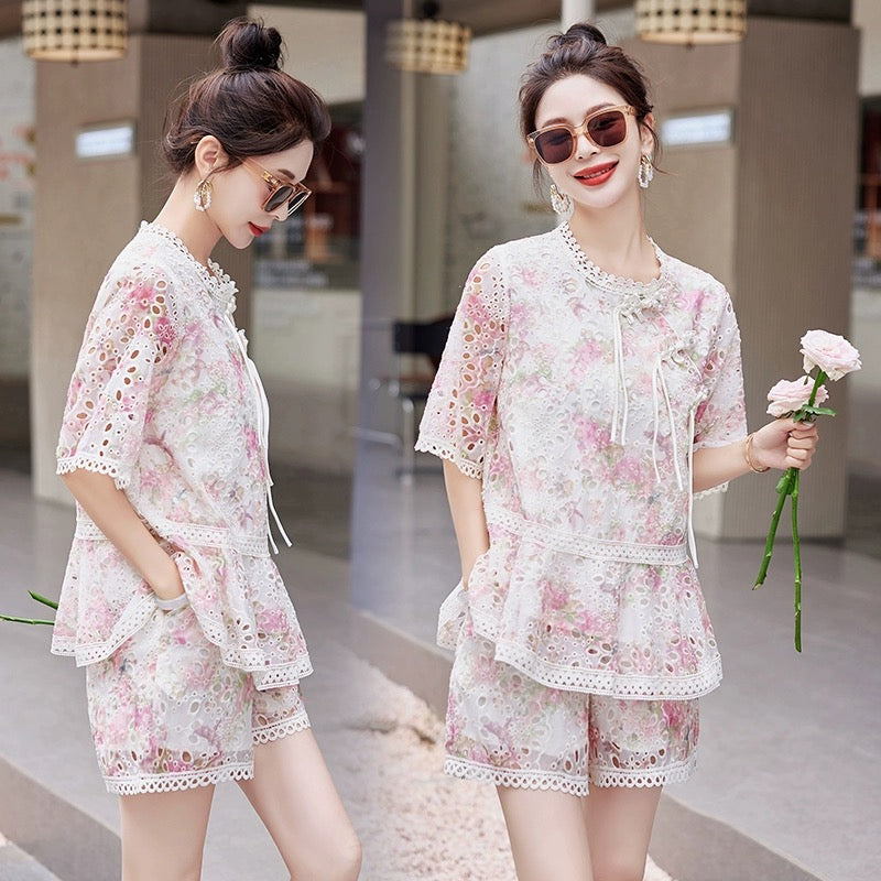 2024 summer new fashion retro embroidered disc buckle lace shorts suit slim new Chinese two-piece set